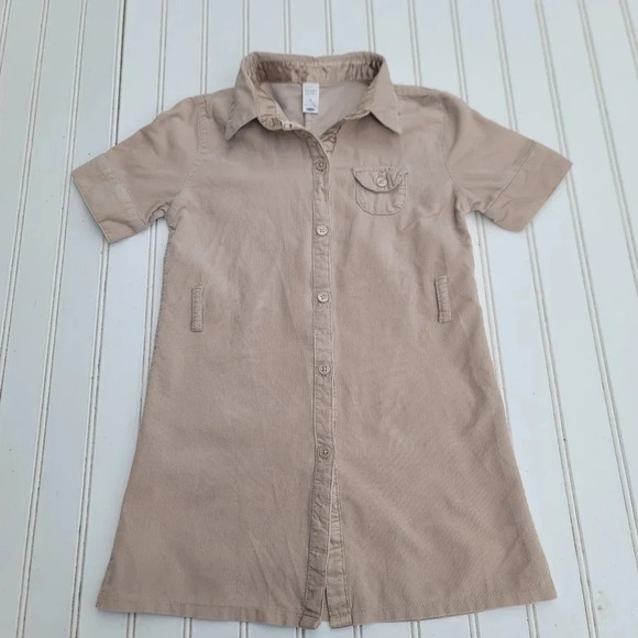 VTG Old Navy Girls Beige Short Sleeve Curderoy Button Up Dress Lightweight Sz 5 - Picture 1 of 7